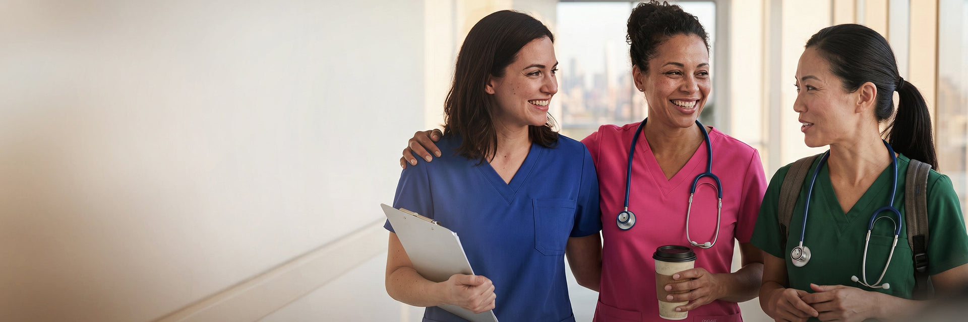 Two female healthcare professionals in teal and green scrubs talking and laughing together in a clinical hallway