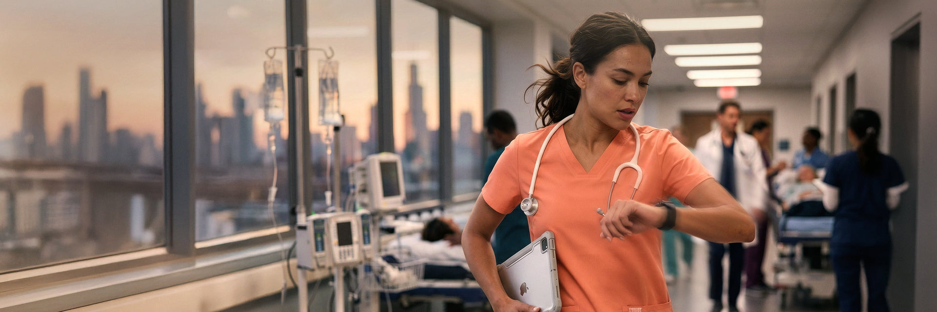 A female healthcare professional in coral orange scrubs walking through a bright, modern healthcare facility