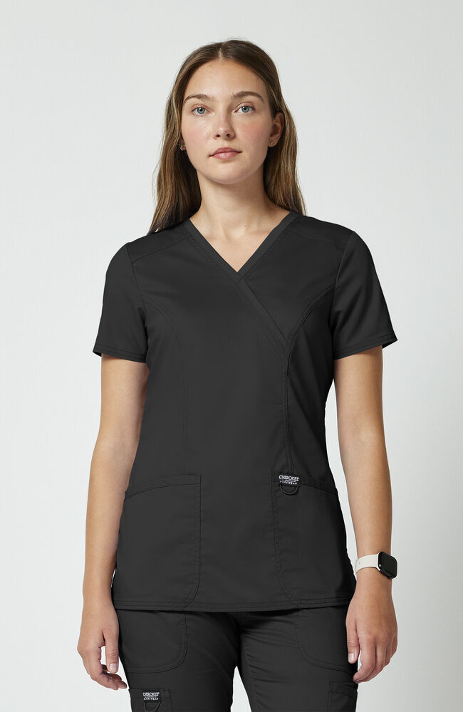 Women's Shaped 3-Pocket Mock Wrap Scrub Top | Cherokee – Cherokee