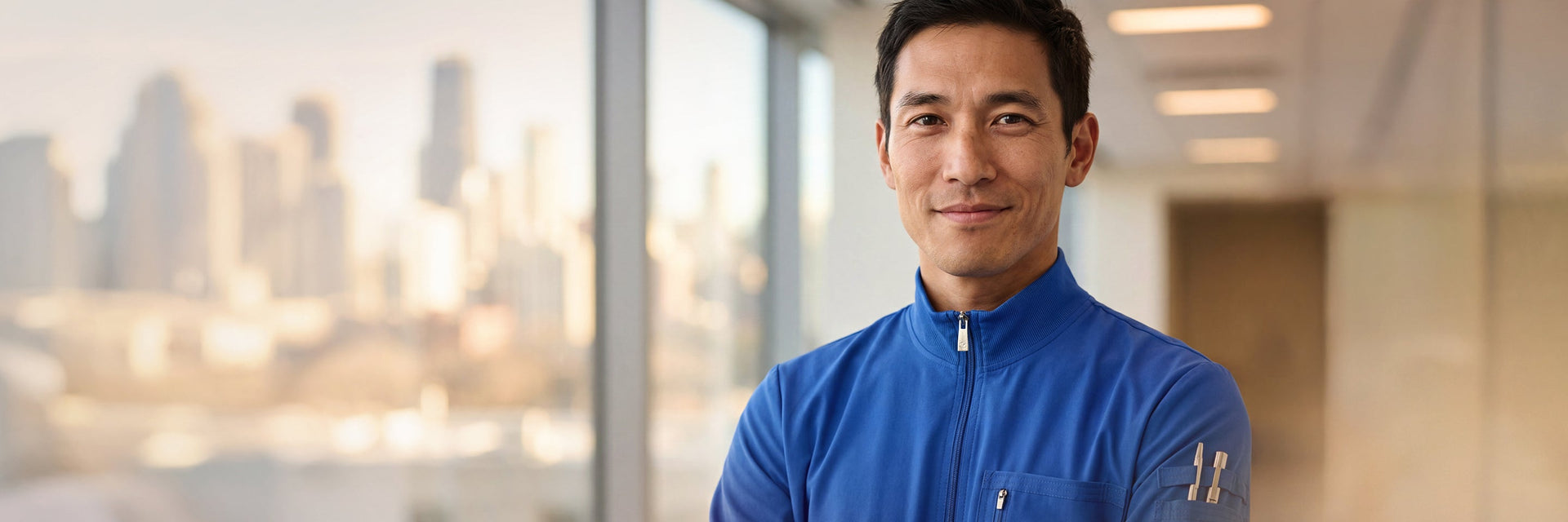 A male healthcare professional in royal blue scrubs standing outdoors in an urban setting with a city skyline in the background