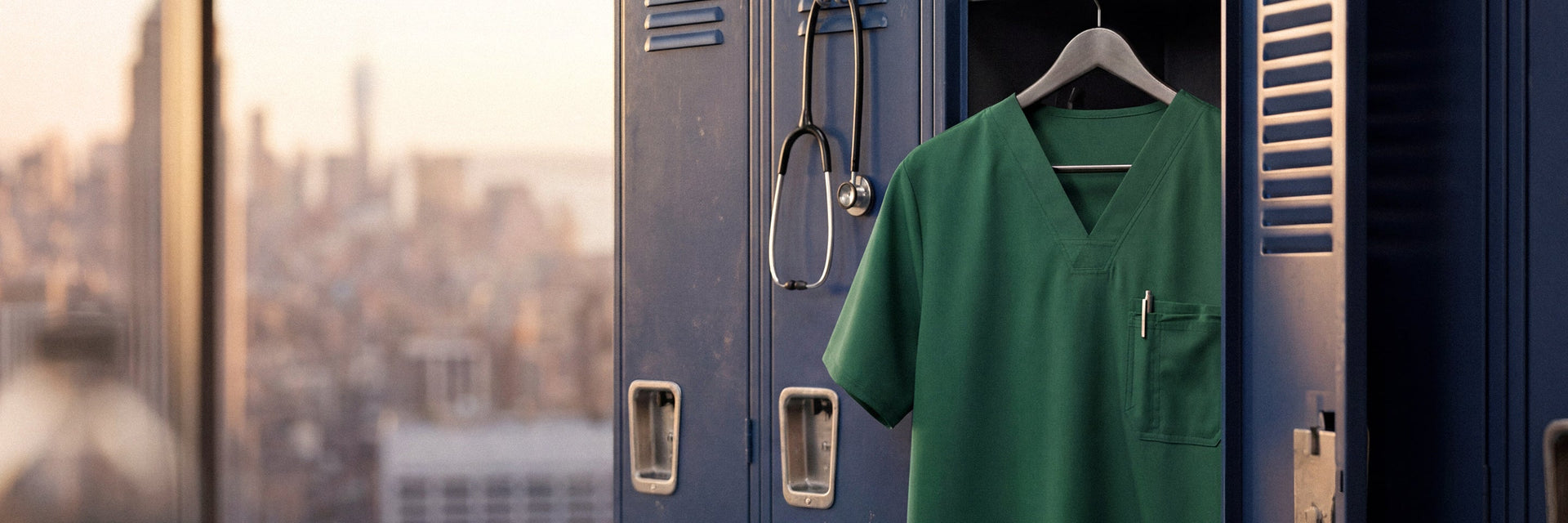 A dark green scrub top displayed on a hanger against a moody, dimly lit background