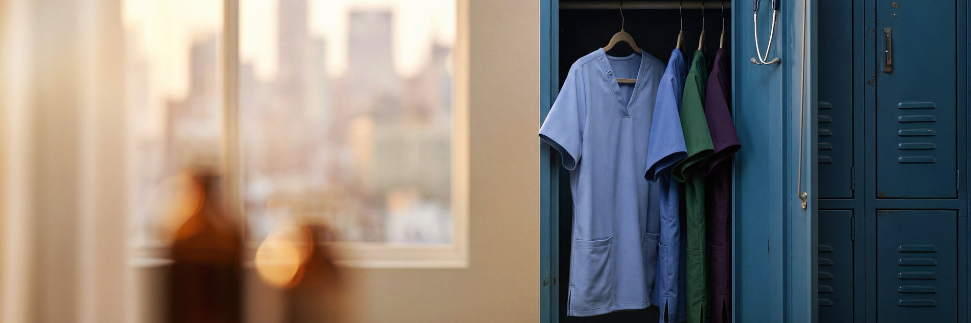 A light blue scrub jacket displayed on a hanger in a softly lit setting