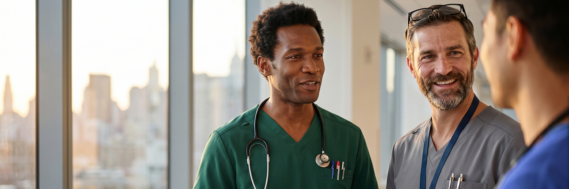 Two male healthcare professionals in scrubs — one in navy, one in hunter green — standing together in a bright hallway, engaged in conversation