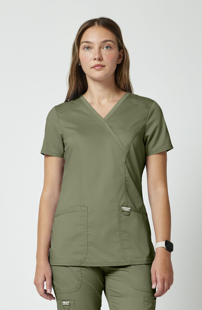 Women's Shaped 3-Pocket Mock Wrap Scrub Top | Cherokee – Cherokee