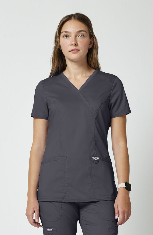 Women's Shaped 3-Pocket Mock Wrap Scrub Top | Cherokee – Cherokee