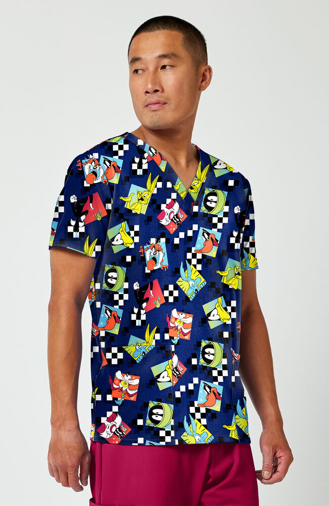 Men's Looney Tunes Check Yeah Print Scrub Top | Cherokee Uniforms