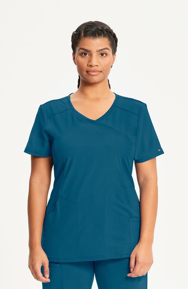 Women's 4-Pocket Knit Panel Mock Wrap Scrub Top | Cherokee