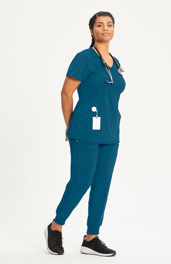 Women's 4-Pocket Knit Panel Mock Wrap Scrub Top | Cherokee