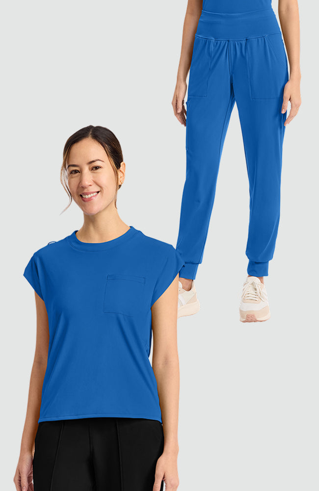 Women's Scrub Set: Tuck-In Chest Pocket Crew Neck Scrub Top & 5-Pocket ...